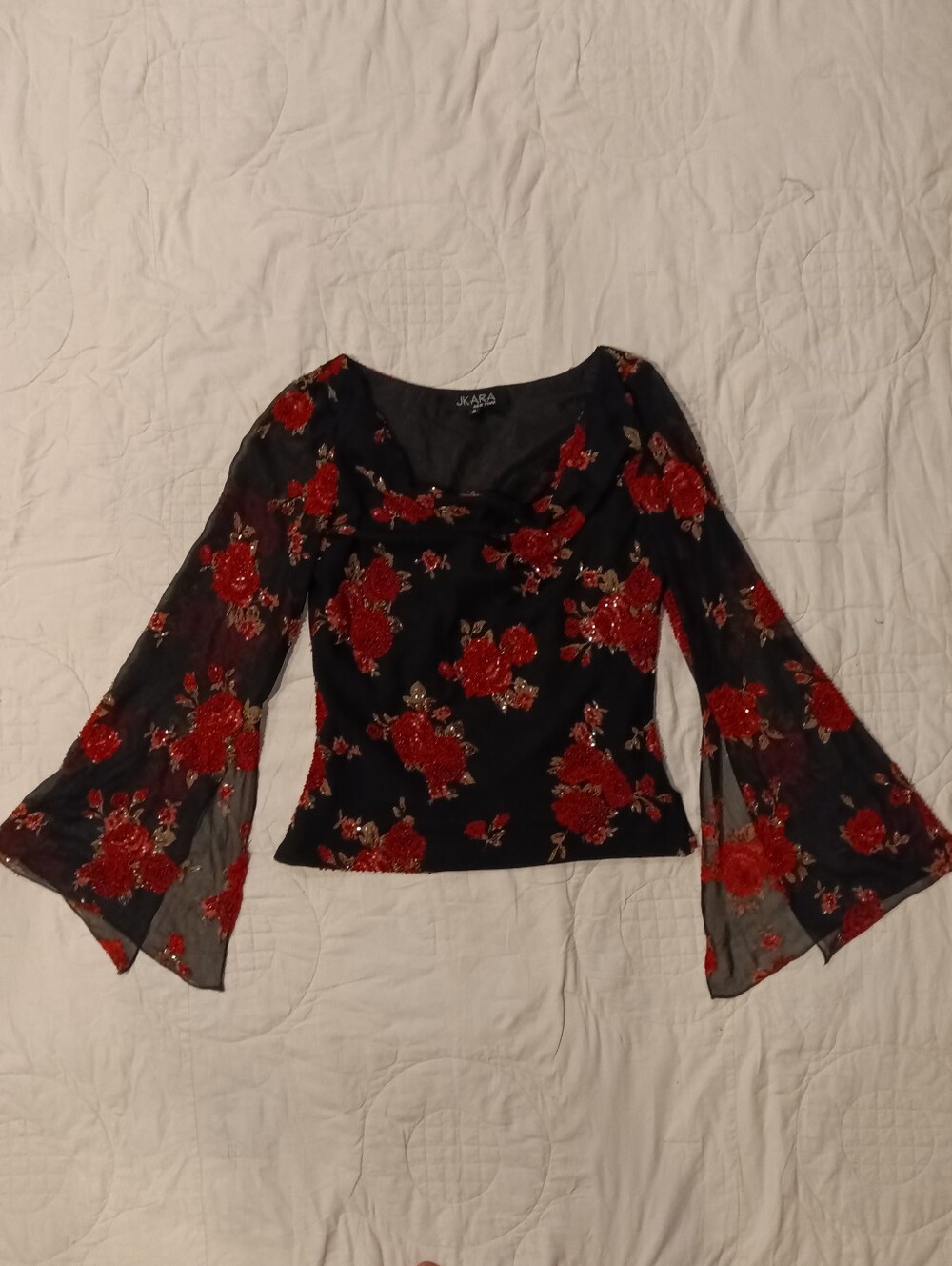 JK Ara New York Black Sheer Bell Sleeve Intricately Beaded Elegant Evening Top
